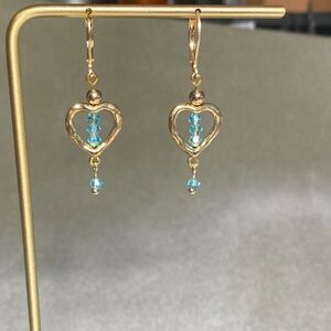Gold Heart Drop Earrings with Turquoise Blue Crystal Beads - Women Jewelry